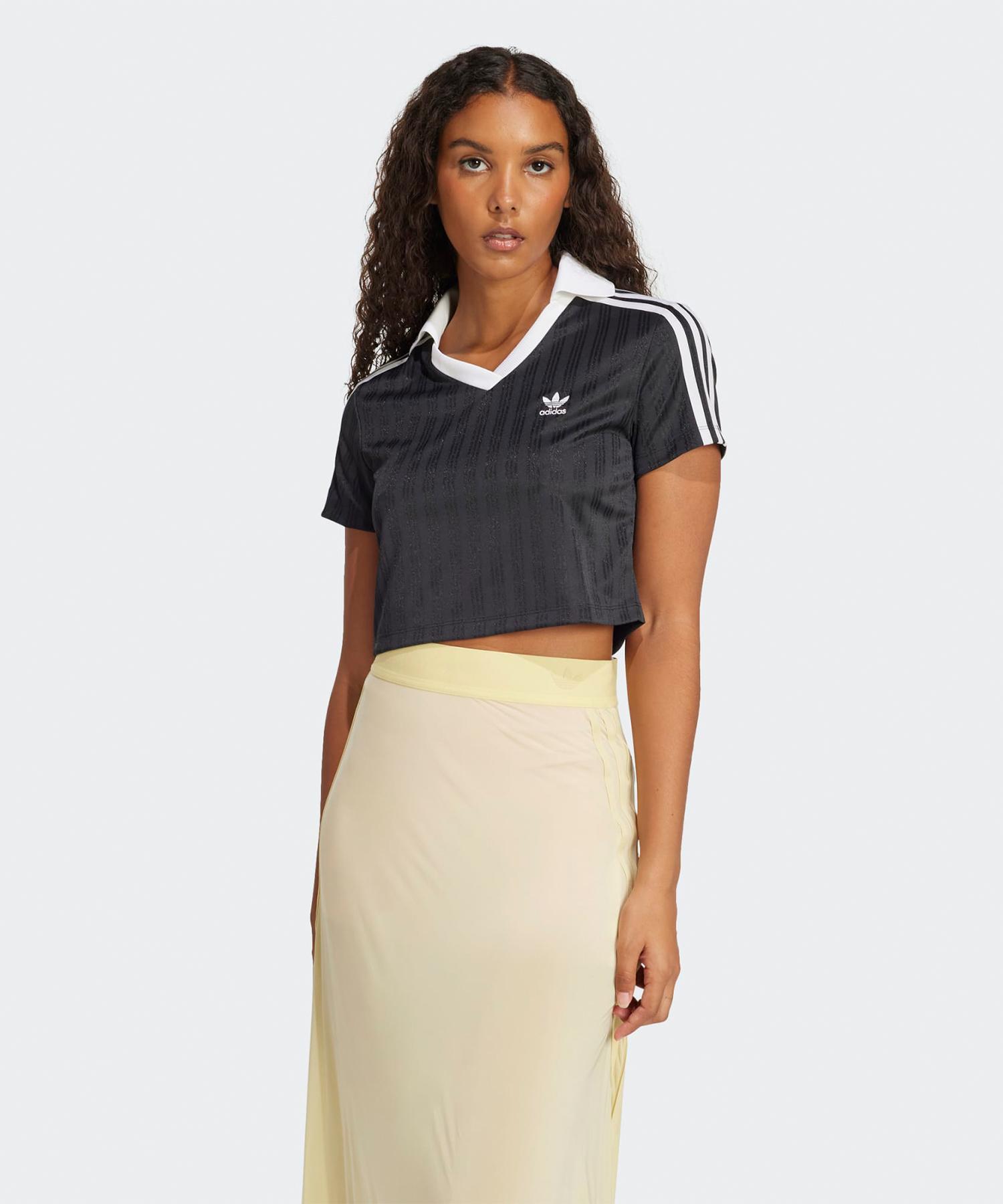 Football Jacquard V-Neck Crop Polo Shirt - Black / Jd2606 Black/Xs