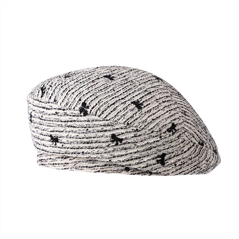 Hat Women's Korean Style Fashion Striped Beret Bow Embroidered Face Little Painter Hat Simple Casual Octagonal Hat