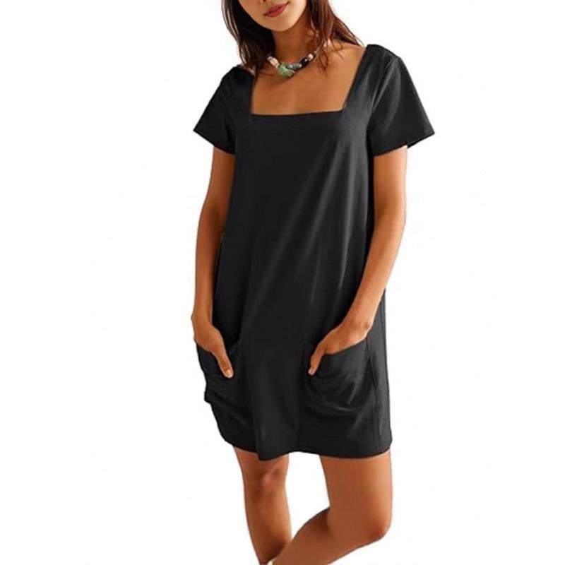 Quadratischer Ausschnitt Kurzarm Damen Freizeitkleid mit Taschen