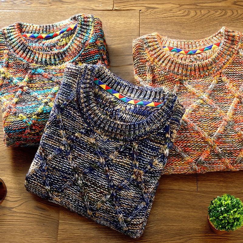 Winter 2025 Men's Korean Style Slim Fit Diamond Pattern Round Neck Pullover Knitwear