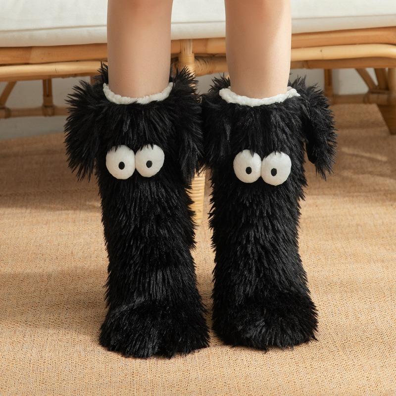 Hot Women's Winter Kawaii Big Eyes Slipper Socks with Puppy Ears Cartoon Non-slip Floor Socks Warm Thickened Coral Stockings