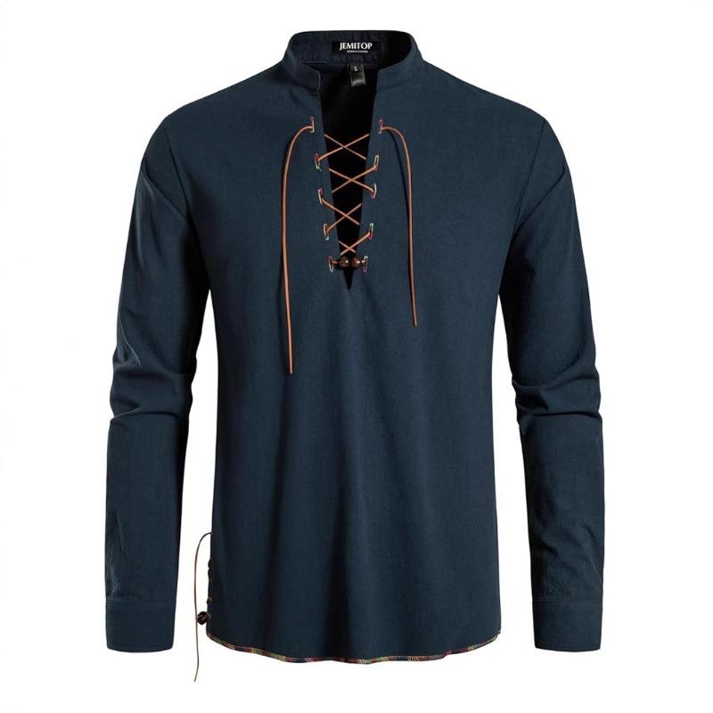 High Quality Men's Shirt Henry Long Sleeve Casual Beach Men's Stand-Up Collar Hippie Shirt
