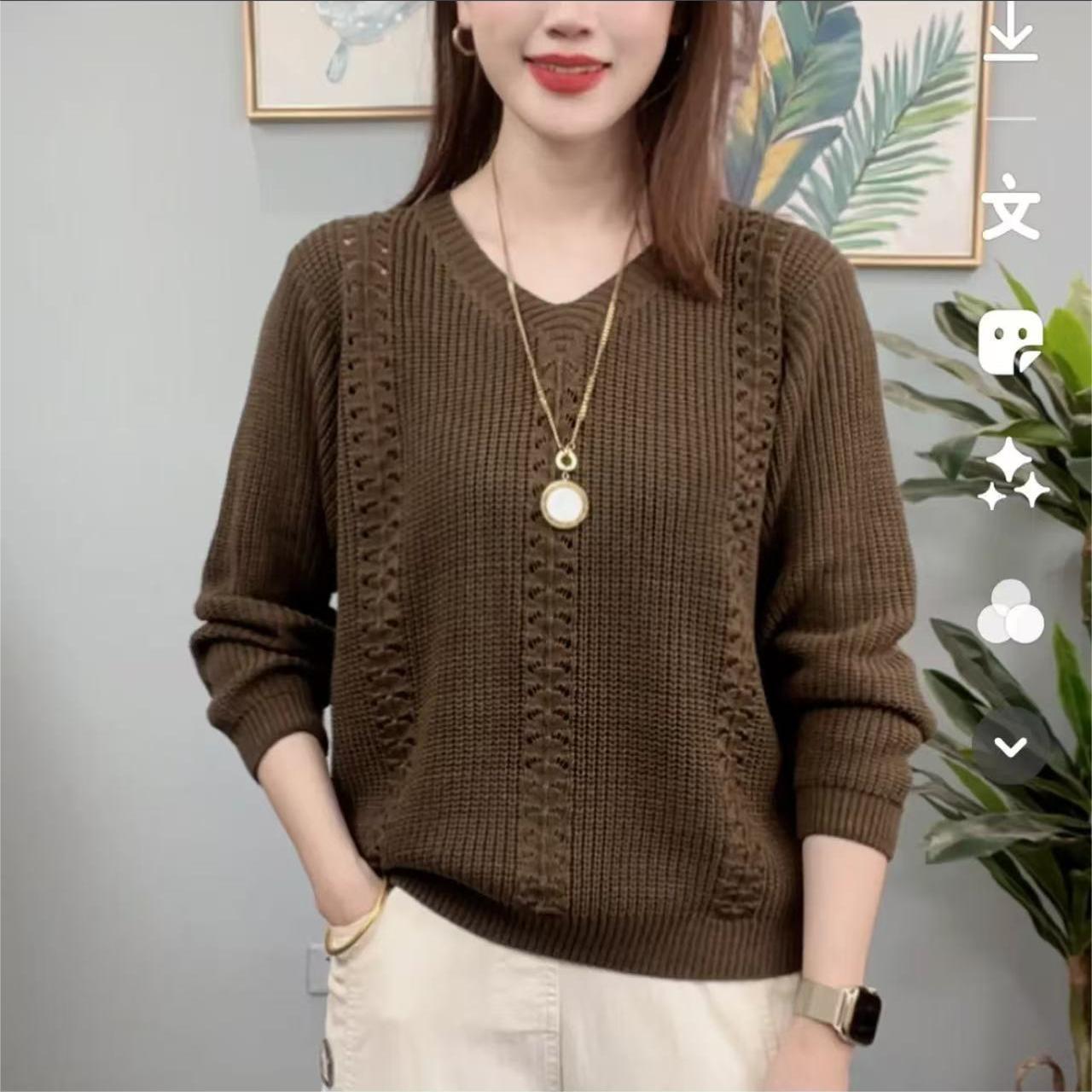 

Весенне-осенний новый женский трикотажный свитер с V-образным вырезом, свободный базовый топ, свитер для мамы среднего возраста L