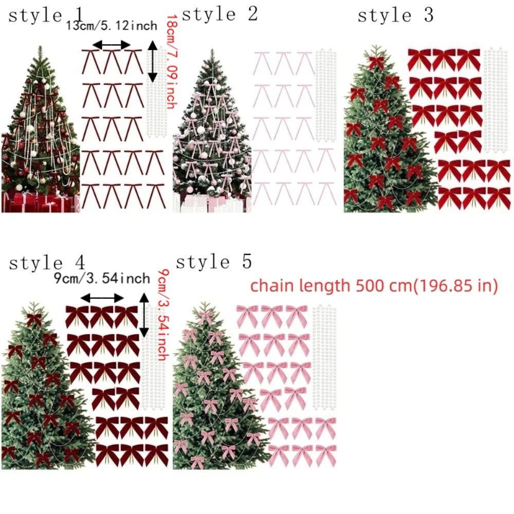 24PCS Vintage Christmas Tree Bows Velvet Handmade Wreath Bows Decoration with Pearl Chain DIY Christmas Tree Topper Ornaments