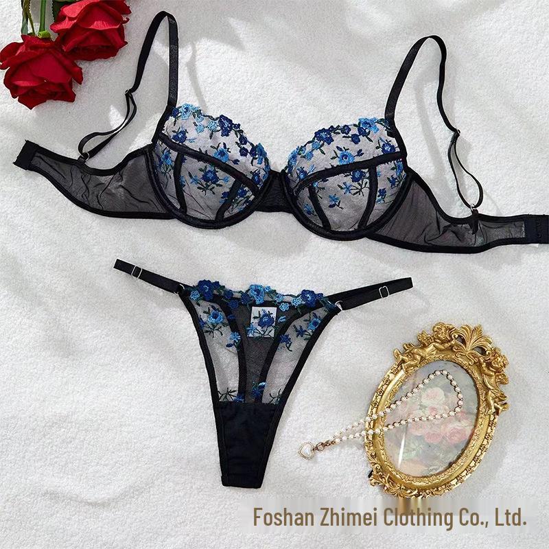 Y French Embroidered Underwire Bra Set - Ultra-thin, Sheer Three-point Lingerie 24088