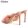Fashion Eilyken Fashion Feather Thin Heels Fur PVC Slippers Sandals Women Peep Toe Mules Ladies Pumps Slides Shoes Size 35-42