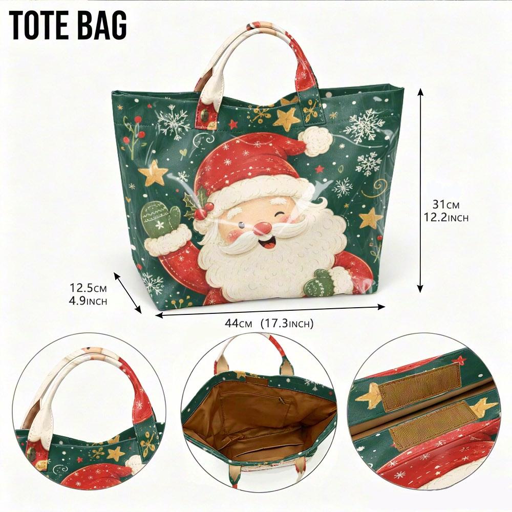Christmas Santa Claus Print Tote Bag, Green Snowflake Star Pattern Handbag Shopping Shoulder Bag