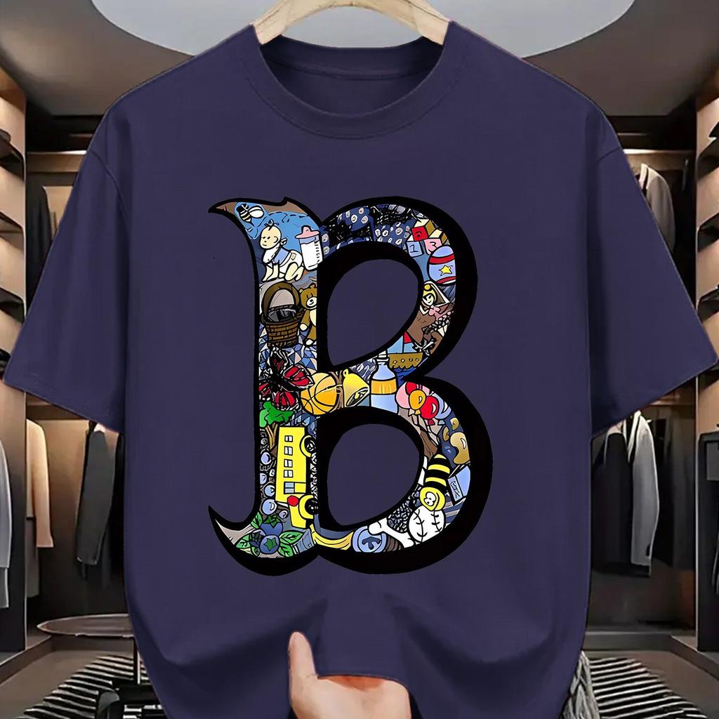 Letní pánské 100% bavlněné sportovně-ležérní módní volné nadměrné velikosti kreativní s potiskem písmena B kulatý výstřih krátký rukáv tričko top