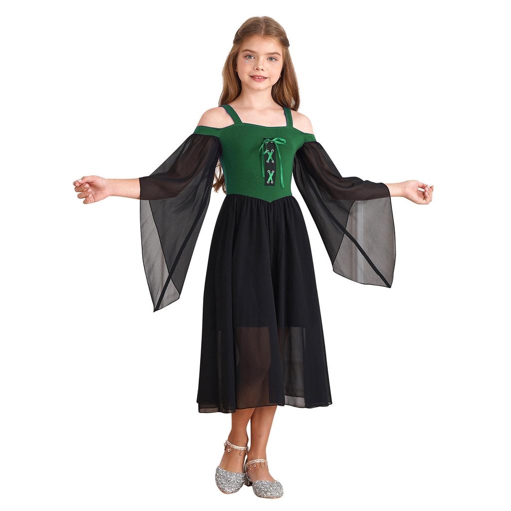 Halloween gotiske kjoler for jenter Butterfly Sleeve Lace Up Dress Cold Shoulder Flowy Medieval Cosplay Dress