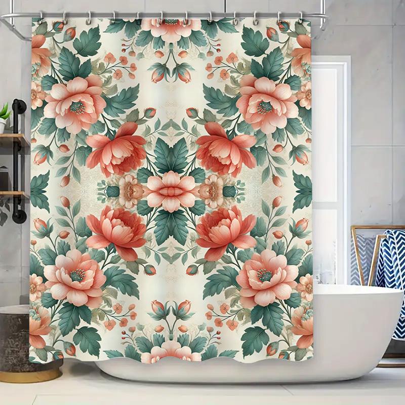 Floral Print Shower Curtain Rustic Style Bath Decor for Home Decoration with Hooks Included in 3D Floral Design Fabric Waterproo