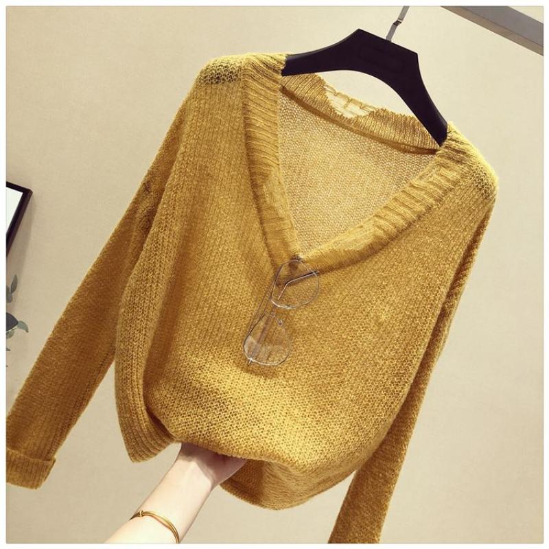 Spring Women's Sweater Long Sleeve Loose Knit Women's Thin Slouchy Sweater Hollow Top