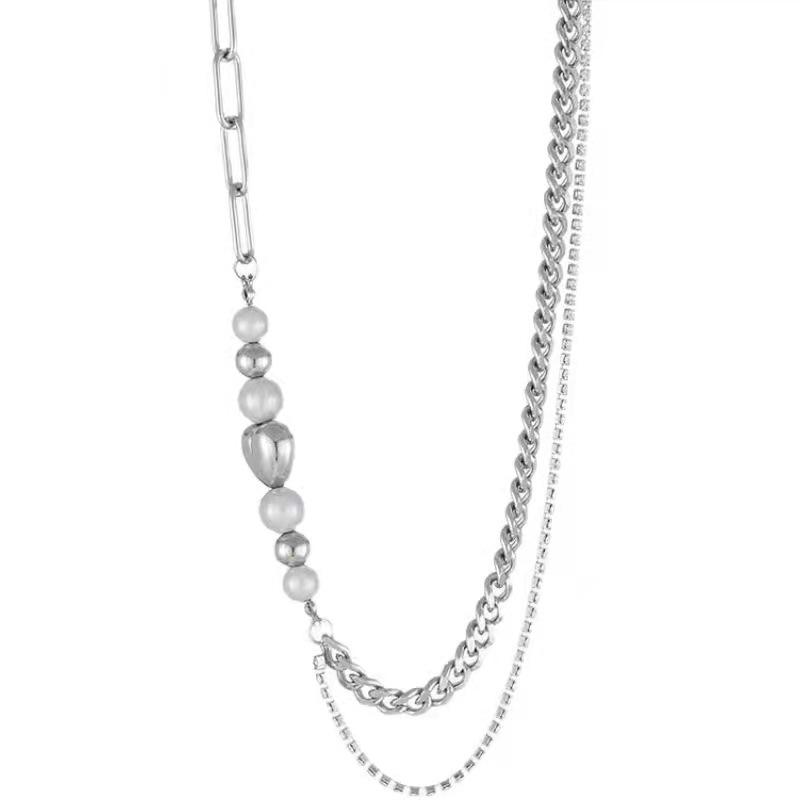 

Sweet and cool babes reflective pearl love rhinestone fringed chain necklace ins design titanium steel necklace accessories tide