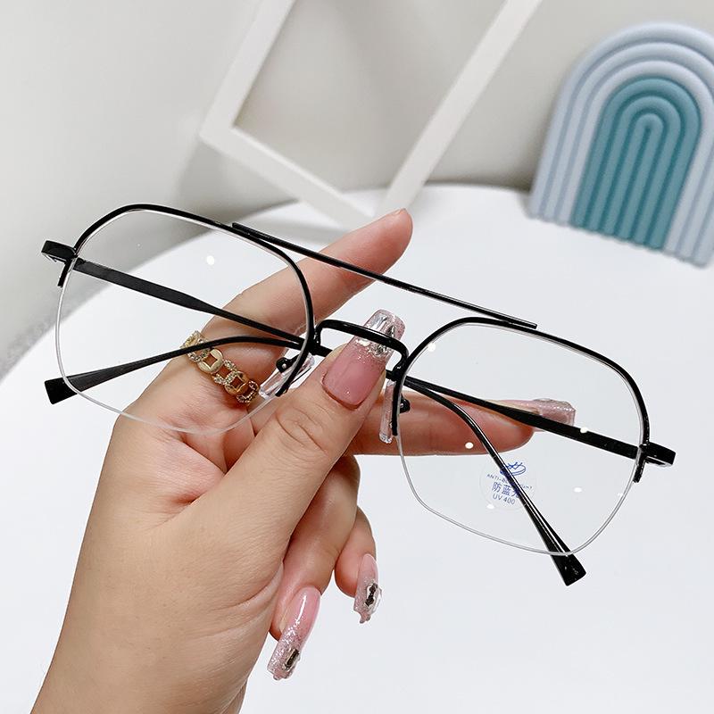 Men's Retro Double Bridge Half-Frame Rimless Anti-Blue Light Prescription Glasses