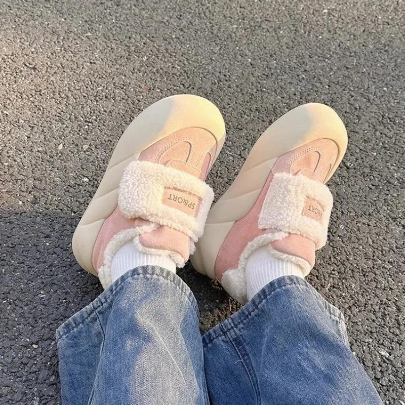 Fashion Thick Soled Fuzzy Cotton Shoes 2024 Winter New Casual Warm Sneakers College style kawaii thick soled women's Lolita tennis shoes