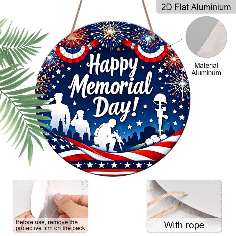 2D Flat, 1pc Round Happy Memorial Day Aluminum Hanging Sign, Patriotic US Soldier Silhouette Firework Flag Design, Weatherproof Metal Wall Decor