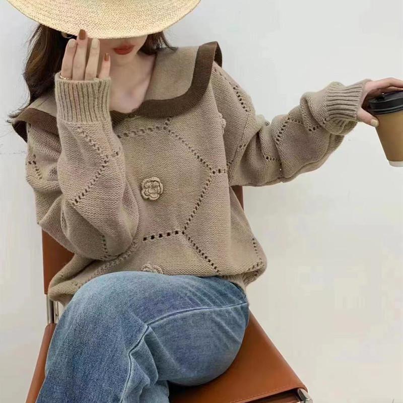 Otoño e Invierno Departamento Suave para Mujer Viento Dulce Flores de Rosa Tridimensionales Suéter de Punto Calado Cuello de Muñeca de Colisión Prendas de Punto