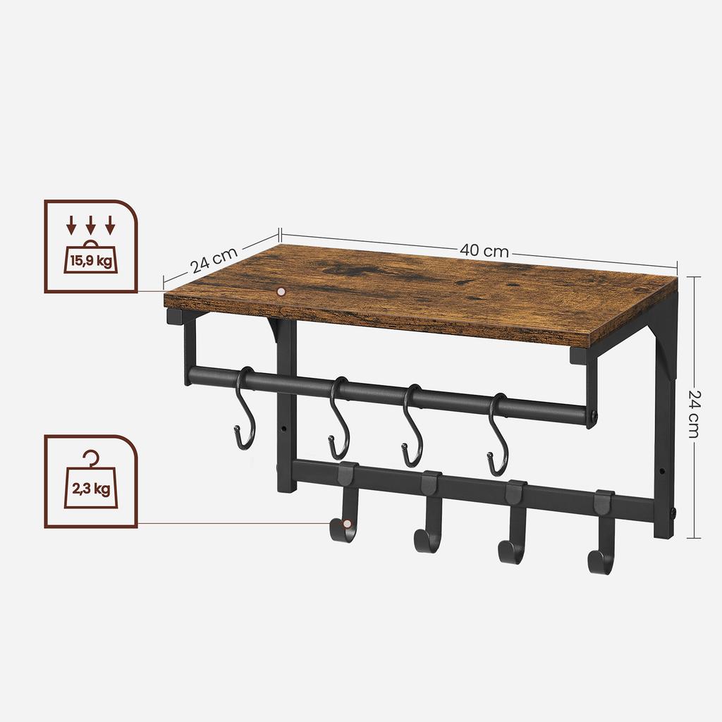 VASAGLE Wall Mounted Coat Rack, Wall Shelf with 8 Removable Hooks, Wall Mounted Hanging Shelf with Clothes Rail, for Hallway, Bedroom