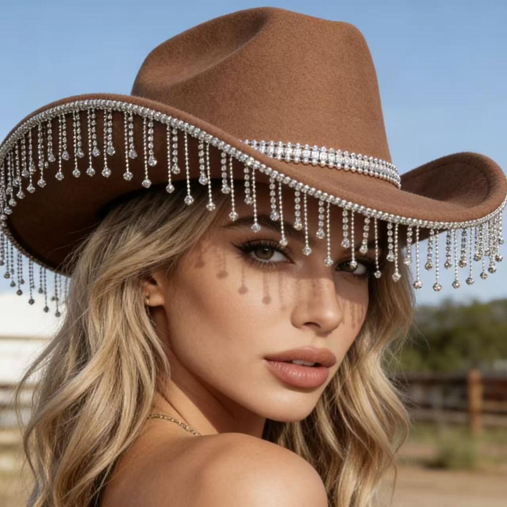Tassel Felt Western Cowboy Hat Fashion Summer Versatile Hat Hepburn Party French Top Hat