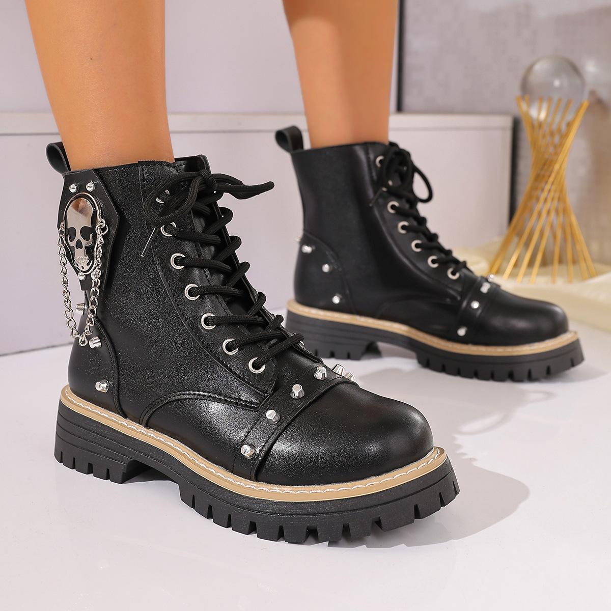 

Autumn new rivet platform short boots dark punk front lace-up belt buckle Martin boots short boots 36 чёрный