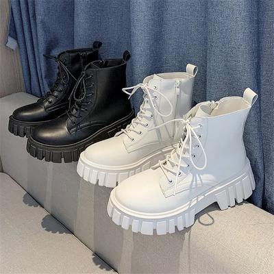 Nové Dámské Bílé Kotníkové Boty PU Kůže Silná Podrážka Šněrovací Bojové Kotníkové Boty Dámské Podzimní Zimní Platformové Boty Žena