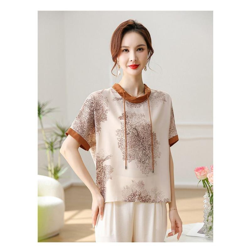 Summer Fashion Trendy New Chinese Style Blouse for Middle-aged and Elderly Women, Short Sleeve T-Shirt Casual Shirts