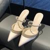 Shallow mouth rhinestone one-word belt half-drag sandals women's 2025 spring new pointed purple thin heel high heel satin sandals