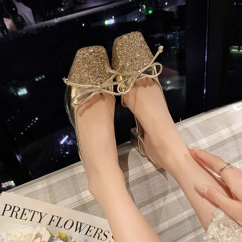 Fashion French Elegance Gold Butterfly Knot Square Head Single Shoes 2025 New Style Wrapped Head Thick Heel Sandals Women Summer Outdoor