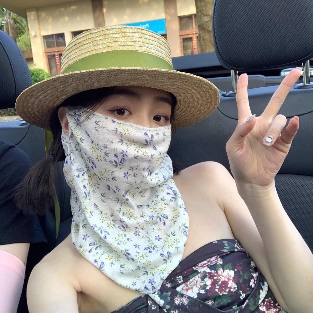 1Pc New Breathable Face Sunscreen Mask Thin Small Floral Print UV Resistant Scarf Ear Hook Style Neck Protector Summer