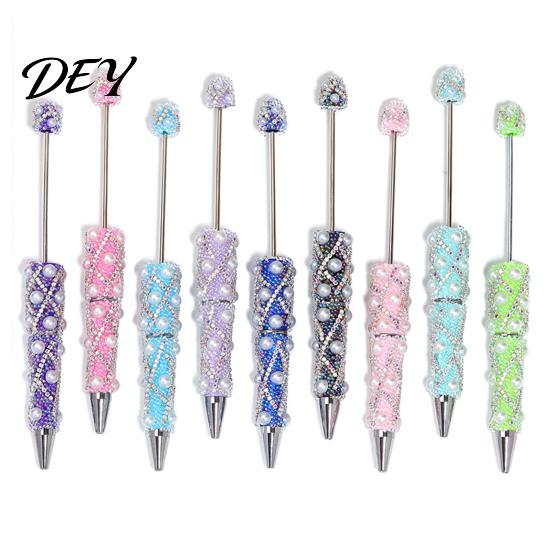 Creative Gift for Women DIY Beadable Pen, Bling Rhinestones And Faux Pearls Beaded Office Desk Accessories Black Ink Ballpoint Pen School Supplies