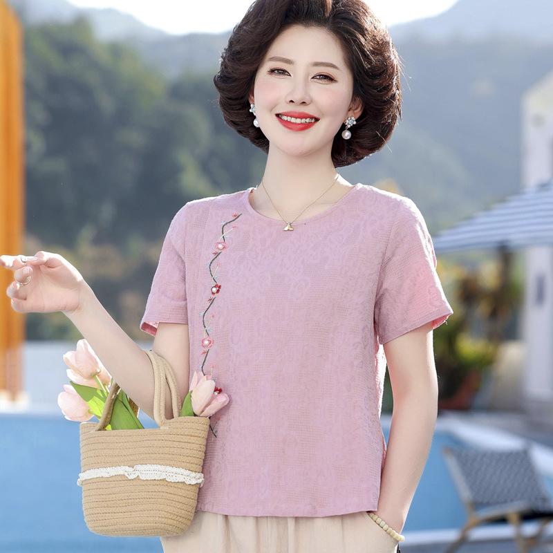 2026 Summer Cotton Linen Chinese Style T-Shirt for Middle-Aged Women - Short Sleeve Mother's Top