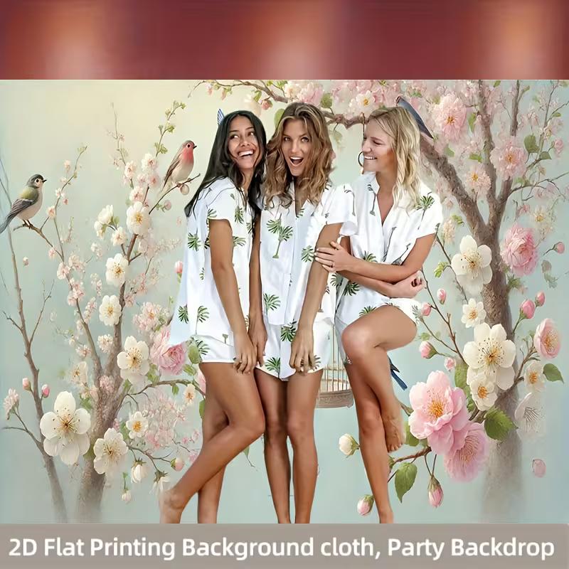 2D Printed Spring Cherry Blossom Tree Backdrop, Cute Birds & Vintage Bird Cage Photo Background for Birthday Party