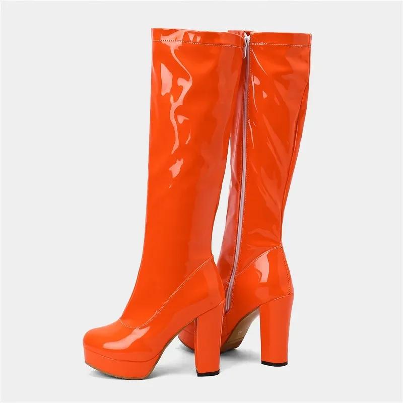 Women Knee High Boots Chunky Heels Candy Color Black Green Yellow Patent Leather Sexy Party Club Lady Zipper Long Platform Boots