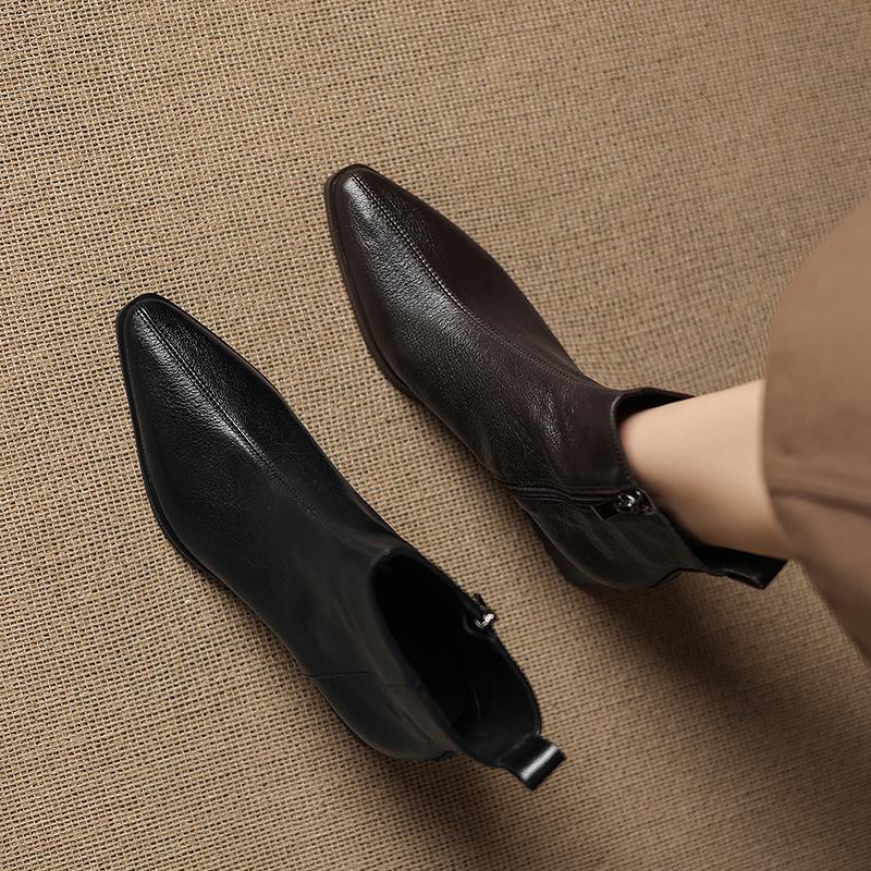 Krazing Pot Zimní kožené kozačky na středním podpatku se špičatou špičkou Chelsea pro ženy, elegantní dámské kotníkové boty na zip