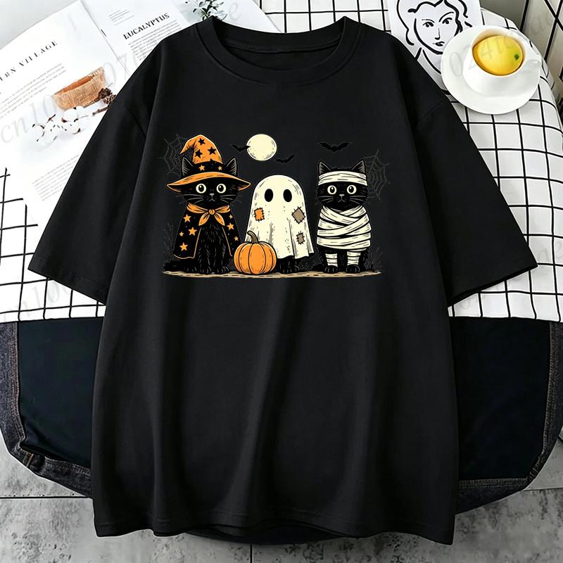 Black Cat Pumpkin Tshirt Ghots Gothic Fall Cat T Shirt Halloween Spooky Season T-shirt Horror Party T-Shirts Unisex Short Sleeve