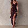 Rochie Maxi de Damă cu Decolteu în V, Bretele Subțiri, Talie Înaltă, Imprimeu Floral, Tiv Asimetric cu Volane