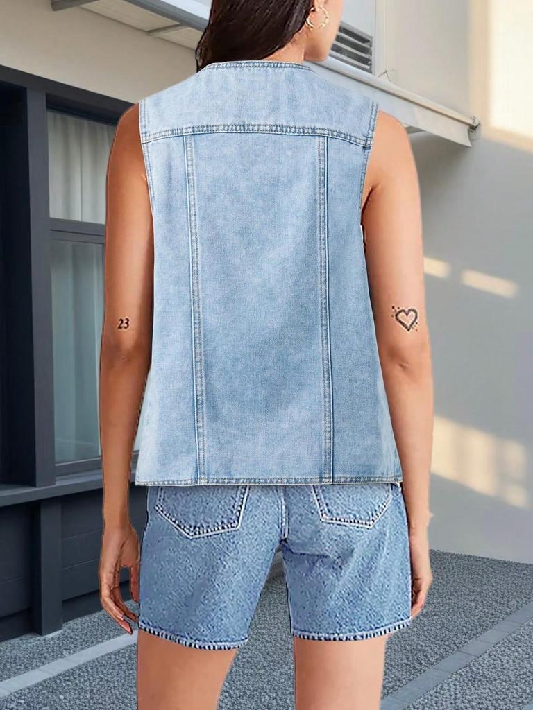 Women's Denim Vest Button Down V Neck Sleeveless Casual Jean Jacket