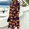 Women's Halloween Print V-Neck Long Sleeve Casual Dress with Pockets