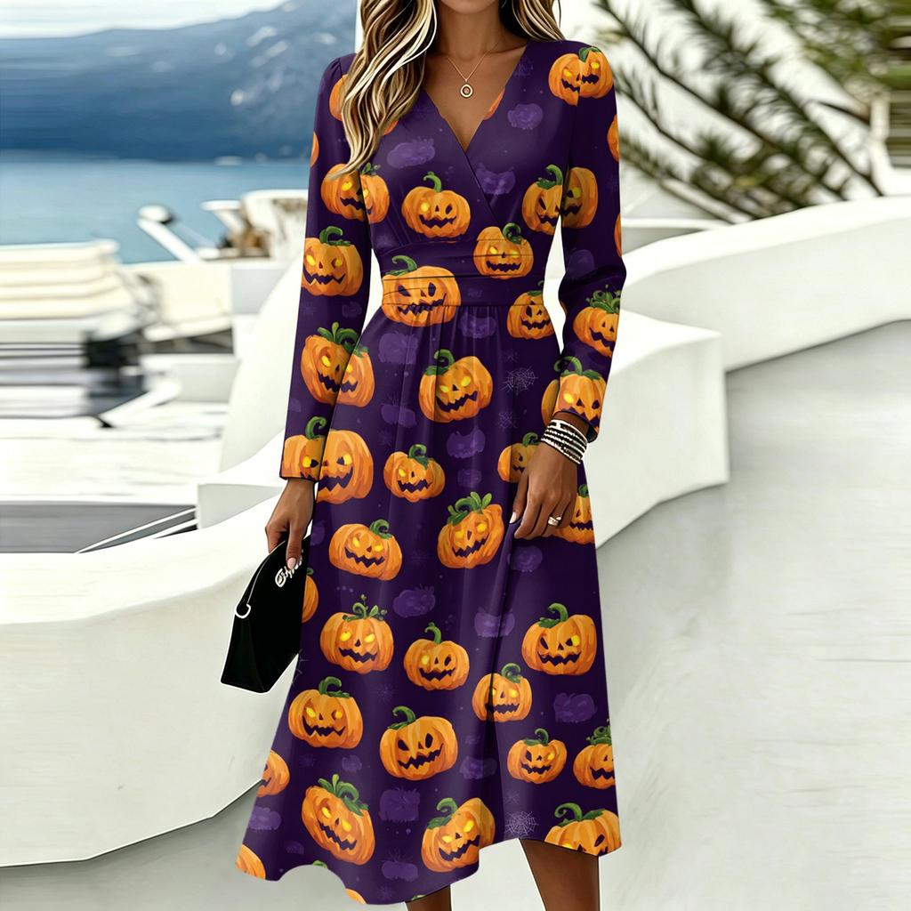 Women's Halloween Print V-Neck Long Sleeve Casual Dress with Pockets
