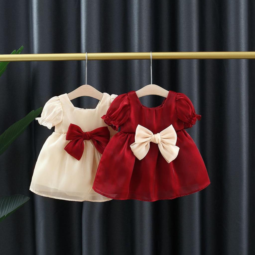 Summer Girls' Bubble Sleeve Dress Korean Children's Bow Dress Girls' Princess Dress
