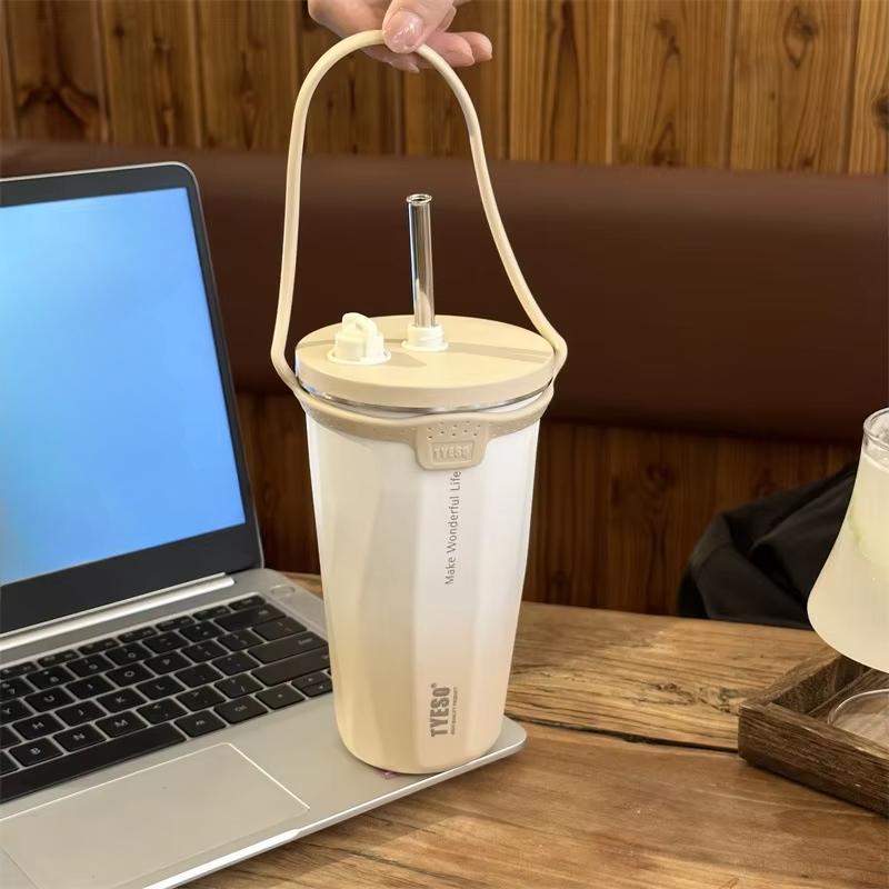 Stainless Steel Coffee Cups Vacuum Insulated Mugs Portable Large Capacity Ice Bar Thermal Cup with Silicone Rope Straw Water Cup