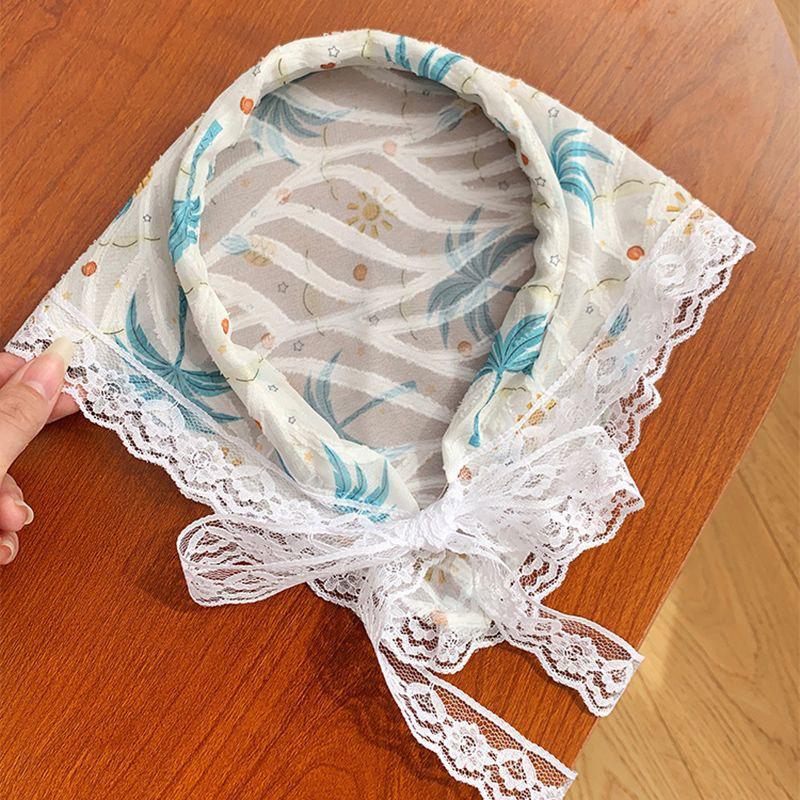 French Blue Plaid Lace Triangle Scarf Headband - Pastoral Style Women's Hair Accessory with Seaside Vibe