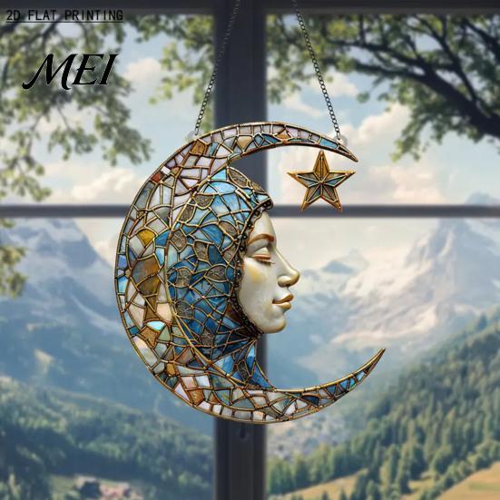 Colorful Glass Suncatcher 2D Acrylic Star Moon Lantern Suncatcher, Crescent Window Hanging Ornament Decoration for Home, Patio, Garden, Ramadan Decor,