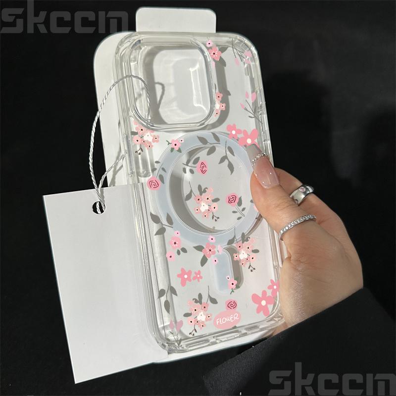 Flower Transparent Case For iPhone 16E 16 15 14 13 11 12 Pro Max Plus X XS Max XR Magsafe Magnetic Wireless Charge Phone Cover