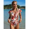 Women's Tropical Leaf Print Front Zip Short Sleeve One Piece Swimsuit