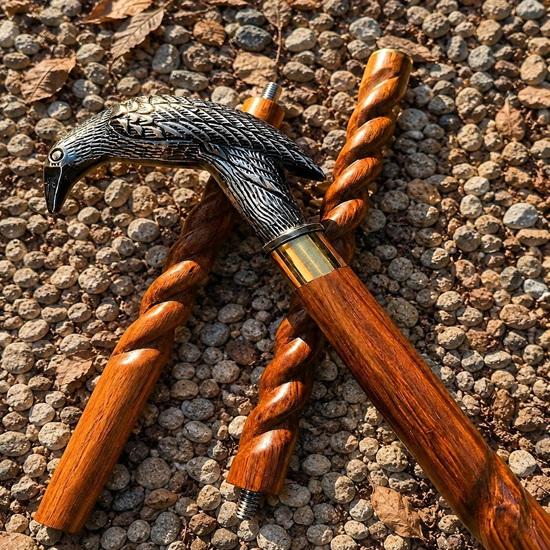 Raven Head Walking Cane Brass Handle Twisted Wood Walking Stick Handmade Gothic Crow Cane Gift for Him  93.98 cm