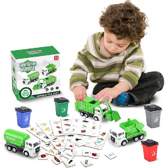 Игрушечный мусоровоз - Игрушки мусоровозы с игровым ковриком, 4 шт. 6-дюймовых инерционных маленьких мусоровоза, 8 дорожных знаков, 4 мусорных бака с 108 шт. мусора Garbage Truck Playset