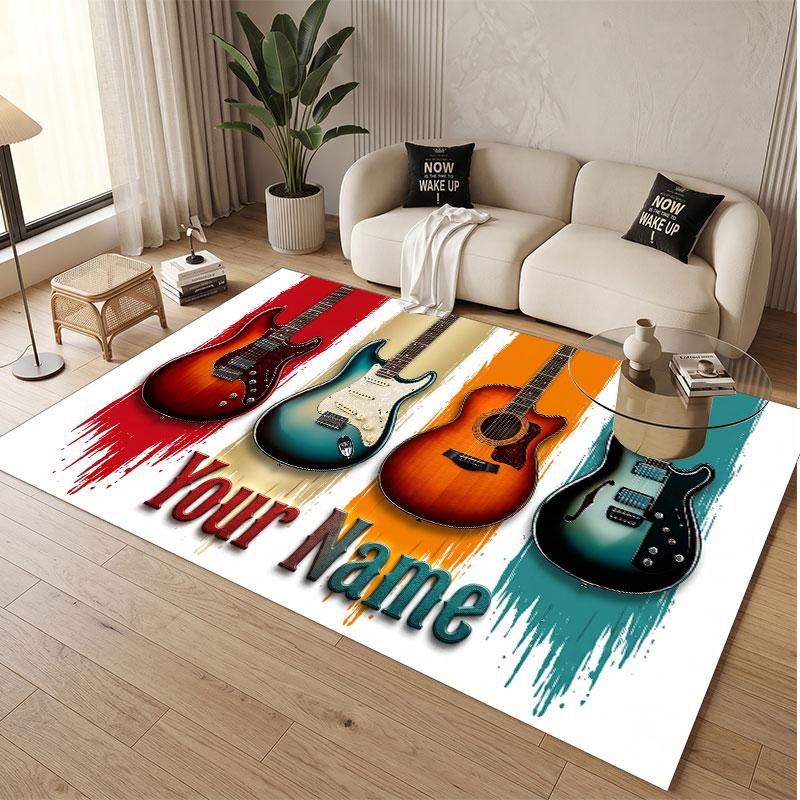 Music Guitar Theme Soft Crystal Velvet Rug Custom Name & Text Print Non Slip Floor Rug for Bedroom Living Room