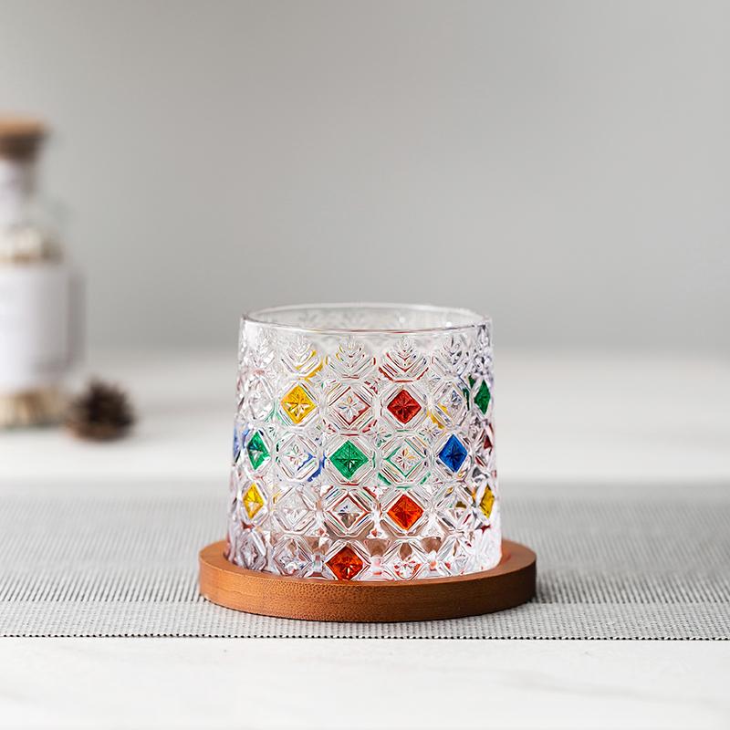 275ml Hand-Painted Spinning Whisky Glass with Gyro Base & Wood Rotating Coaster - Stress Relief Gift for Cocktail, Coffee, Tea,
