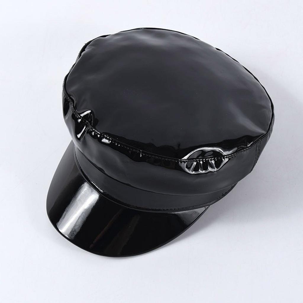 PU Beret British Elegant Shiny Black Painter Hat Grandpa Hat Cabbie Hat for Outdoor Walk Club Cabbie Hat