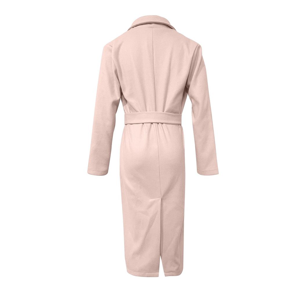 Women's Long Wool Trench Coat, Elegant Belted Overcoat with Lapel Collar for Winter Fashion